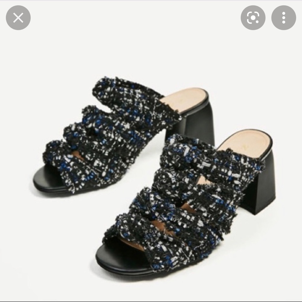 ZARA chunky heel sandal knotted tweed size 39 9 navy blue perfect for summer